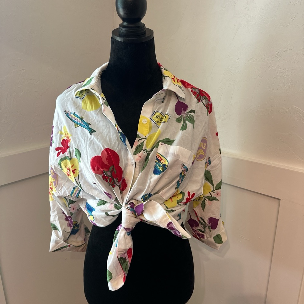 Women's White Floral Tie-Front Blouse